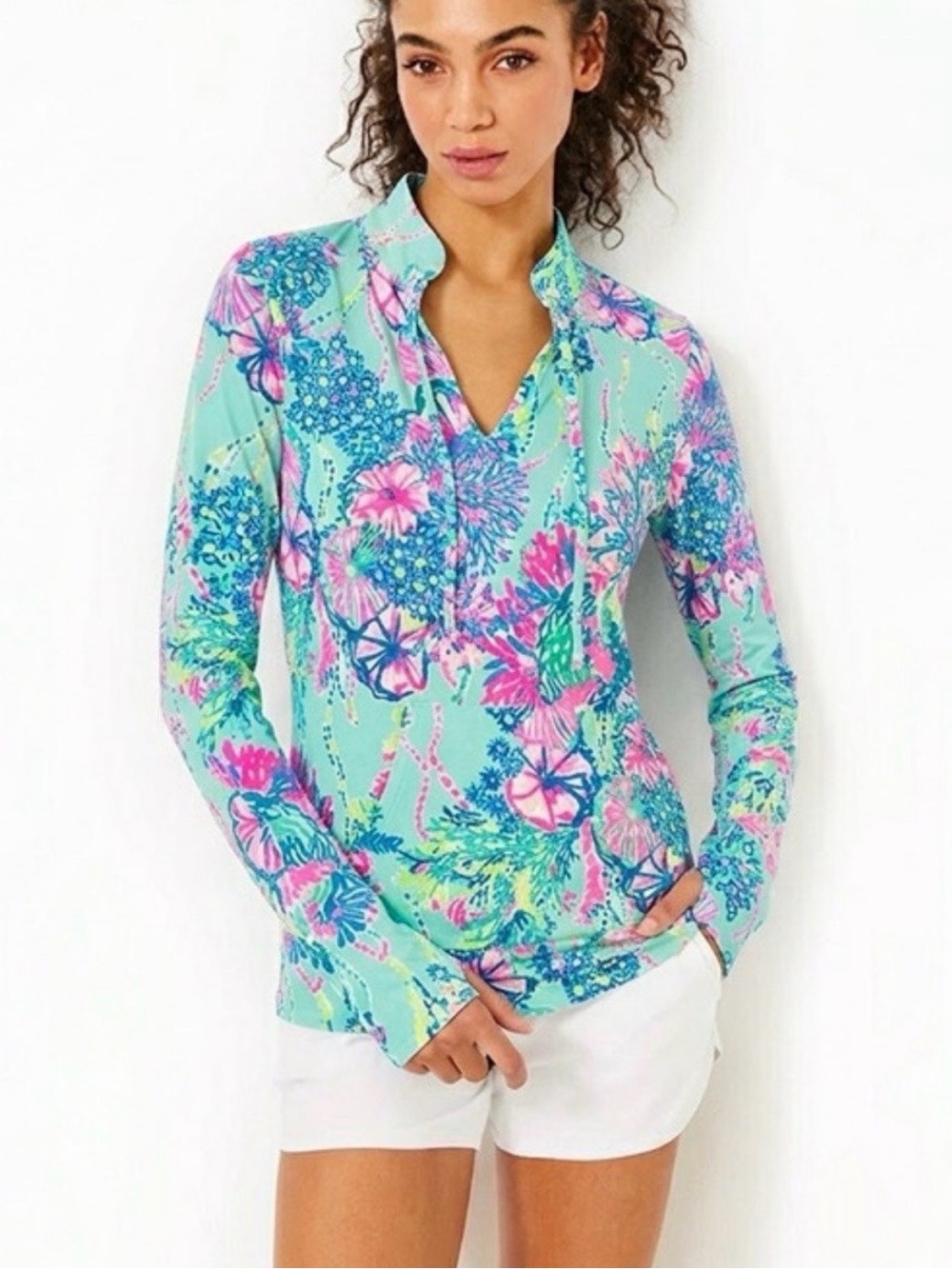 Lilly Pulitzer Floral Split-Neck Long Sleeve Top Kangaroo pocket thumb holes